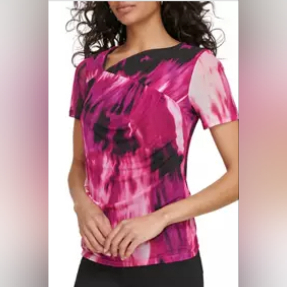 Calvin Klein printed mesh knit pink black short sleeve NWT XL